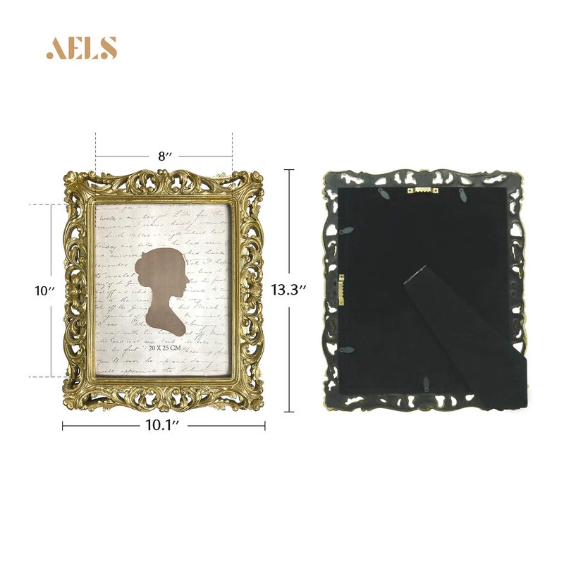 AELS 8x10 Inch Vintage Picture Frame, Elegant Antique Photo Frames with Glass Front, Photo Display, Tabletop Wall Hanging, Gift Ideas, Silver-gold Hollow Pattern - Image 2